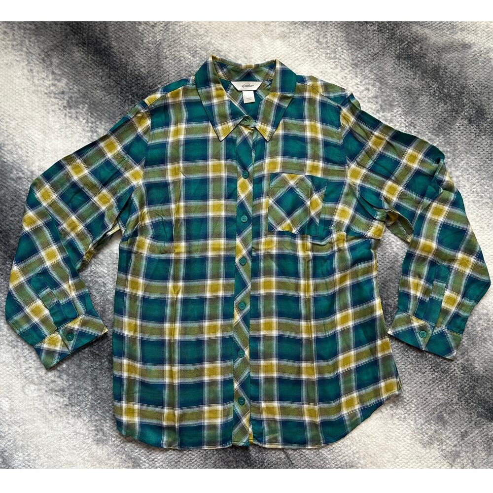 CJ Banks Blue Green Plaid Long Sleeve Button Up Shirt Women Size 14W Large NWT